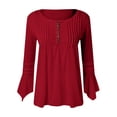 thumbnail image 3 of Gibobby Blusas Para Mujeres Camiseta con botones de color sólido plisado prensado con cuello en V y manga acampanada de siete minutos de primavera y verano para mujer（Rojo， S), 3 of 5