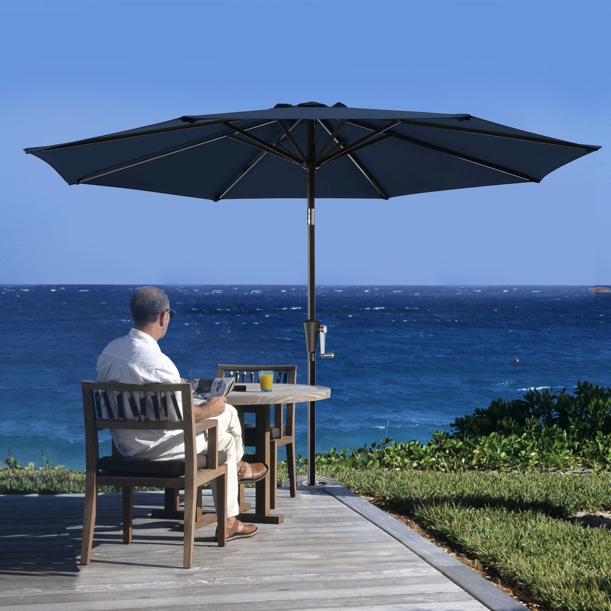 JUSTLET 10ft Patio Umbrella w/ Easy Crank & Tilt, 8-Rib Heavy-Duty Market Umbrella - Outdoor Umbrella for Backyard, Garden, Patio, Deck, Cafe, and Restaurant, Deck & Backyard - Navy Blue