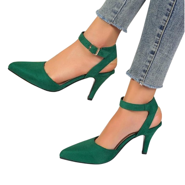 hopeusnice Women's Ankle Strap High Heels Pointed Toe Buckle Dress Shoes Suede Elegant Party Wedding Comfortable Footwear Green 37, Size: 37 US 6