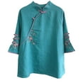 thumbnail image 2 of POIUYTR Women Summer Cotton Shirts Casual Loose 3/4 Sleeve Henley Button Embroidery Floral Blouses Vacation Travel Soft Comfy Tops, 2 of 6