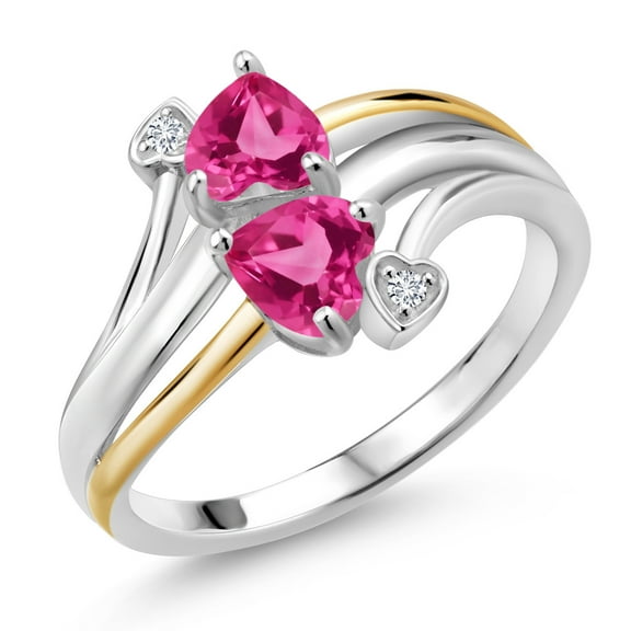 Gem Stone King 1.22 Cttw Pink Created Sapphire 925 Silver and 10K Yellow Gold 2 Heart Promise Couple Engagement Mother Lab Grown Diamond Ring (Size 8)