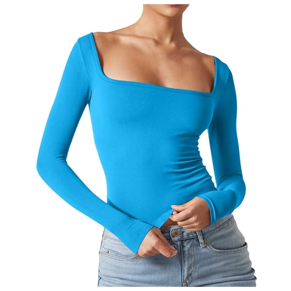 Women's Sexy Long Sleeve Crop Top Square Neck Basic Slim Fit T Shirt