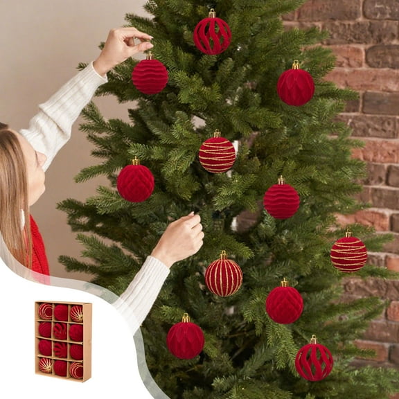 12 PCS Velvet Christmas Ball Ornaments Set 2.36 Inches Gold Stripes Flocked Hanging Balls for Xmas Tree Plastic Decorative Baubles for Holiday Party Wedding Decor Supplies