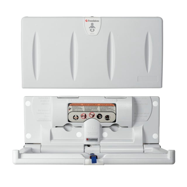 cambiador de pañales bebe plegable y rigido para pared Avancom blanco, vista frontal con unidad plegada arriba y desplegada abajo, superficie rígida de polietileno resistente a bacterias con ranuras moldeadas, bisagras de acero y amortiguador de gas visibles, placa de montaje y etiquetas de seguridad; suele utilizarse también para apoyar ropa de bebé de forma temporal.