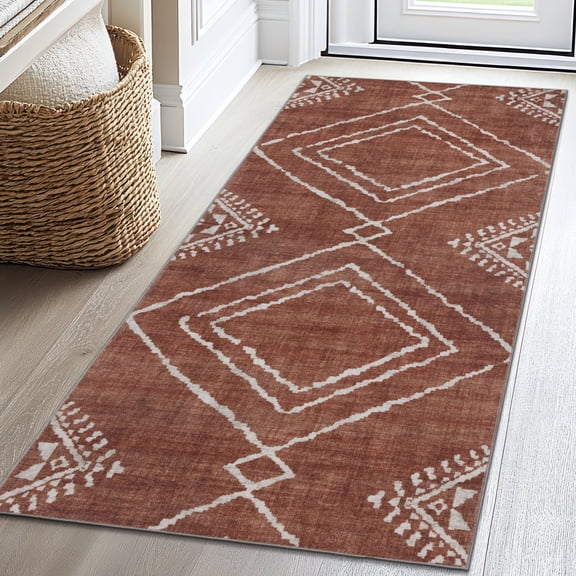 ReaLife Rugs Machine Washable Area Rug Runner - Living Room Bedroom Bathroom Kitchen Entryway Office - Padded Low Pile Stain Resistant Premium - Moroccan Diamond Tribal - Jax - Orange 2'6" x 6'