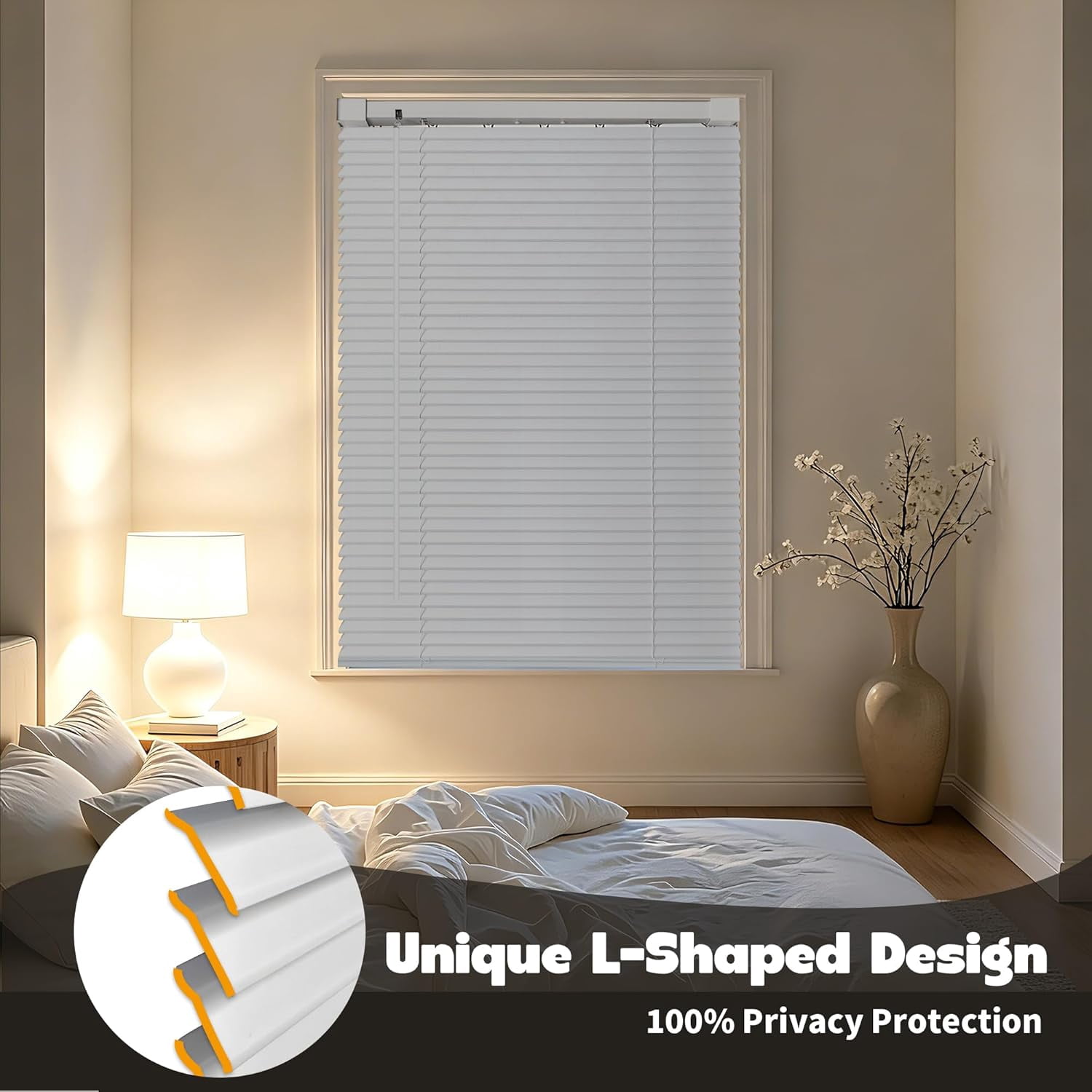 No Tools Drill Cordless Mini Blinds, 1" L-Shaped Slats Light Filtering Shades, Horizontal Vinyl Blinds for Indoor Windows, White,36.5" Wx 64" H