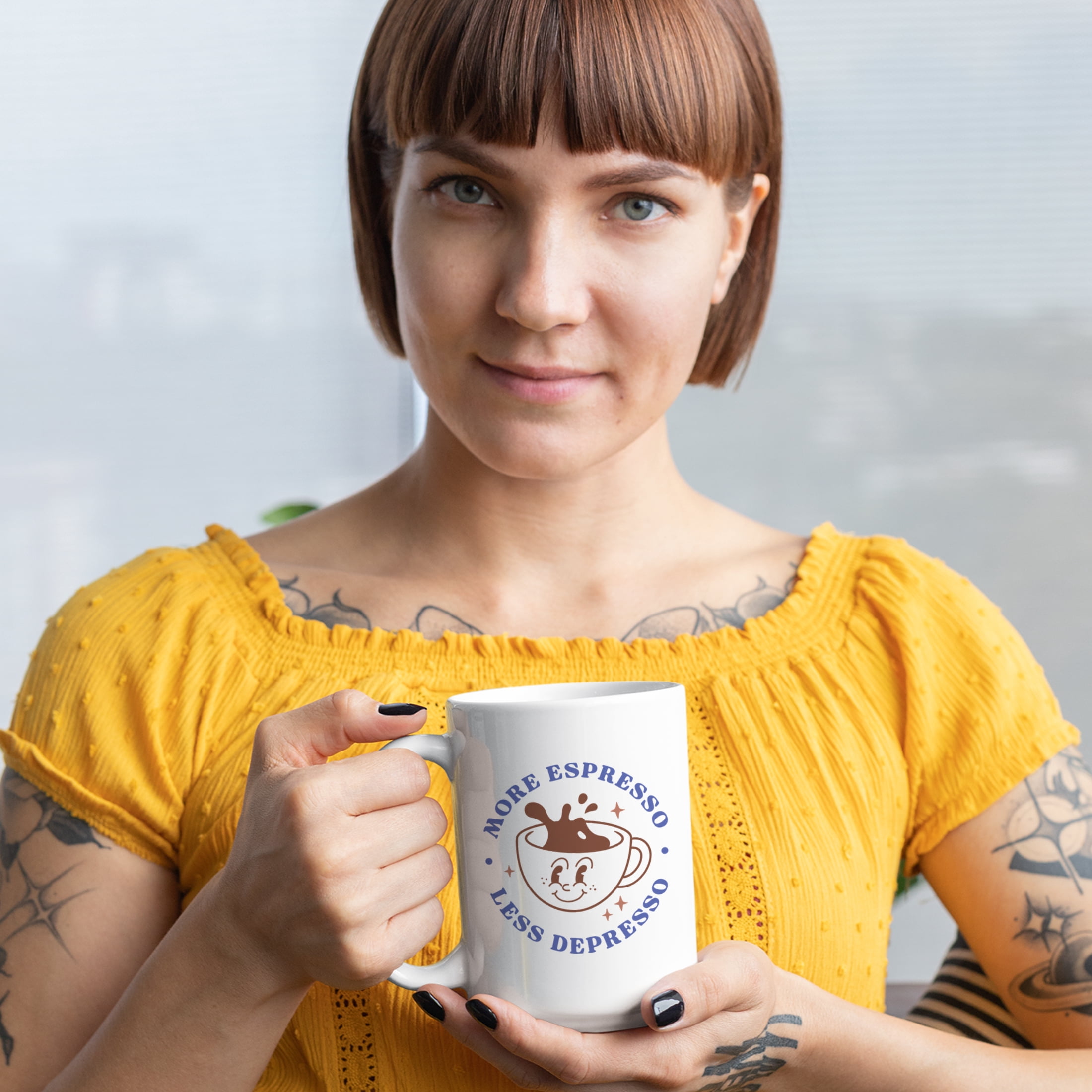 More Espresso, Less Depresso with Coffee Cup Art Merch Gift, White 15oz Ceramic Mug