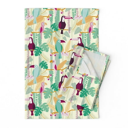 

Printed Tea Towel Linen Cotton Canvas - Rainforest Birds Parrot Toucan Jungle Botanical Forest Tropical Print Decorative Kitchen Towel by Spoonflower