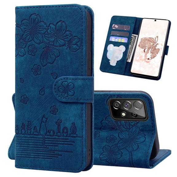 for Samsung Galaxy A53 5G Case, Flower Embossed PU Leather Shockproof Magnetic Flip Cover Card Holders Wallet Purse Phone Case for Samsung Galaxy A53 5G [6.5 Inch], Blue