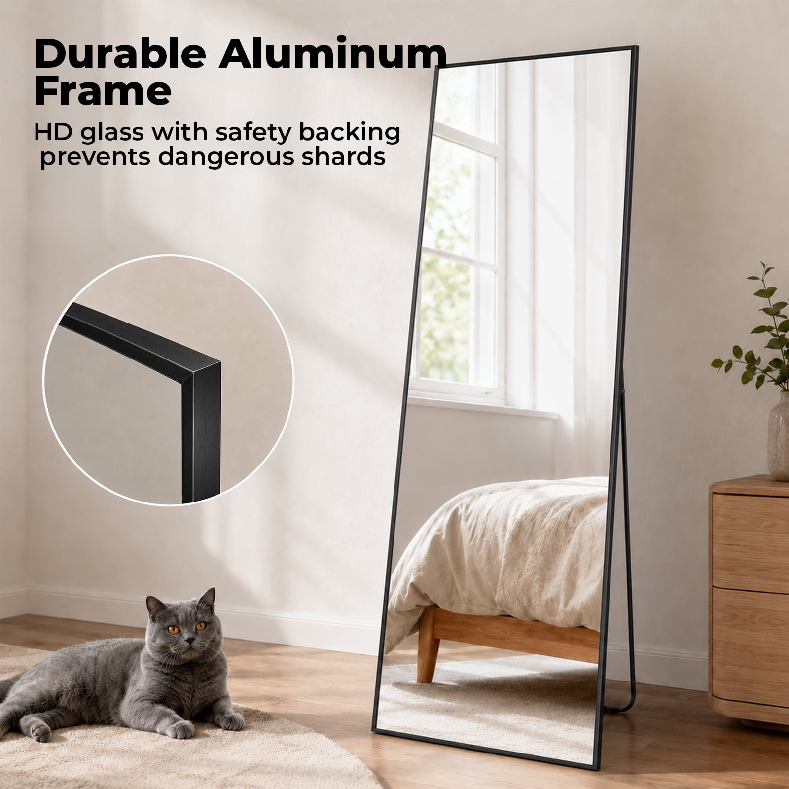 Alvantor 56"x15" Mirror Full Length Full Body Mirror with Stand, Shatterproof Tempered Glass, Modern Aluminum Alloy Frame, Free Standing or Leaning for Home Decor
