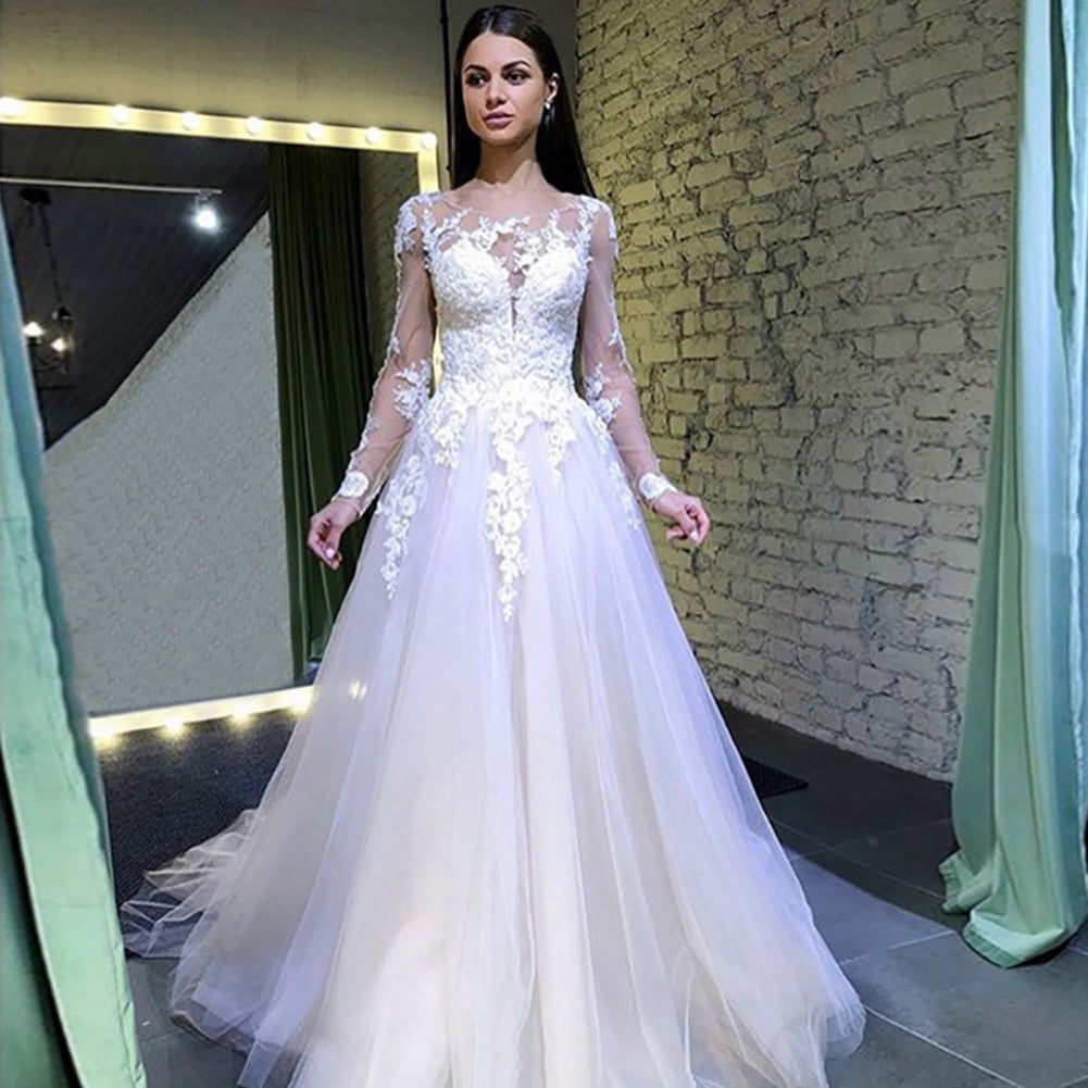 H.S.D Womens Mermaid Long Sleeves Lace Appliques Wedding Dress Bridal Gown