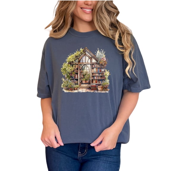 Enchanted Bookstore T-Shirt, Cozy Reading Nook Tee, Book Lover Gift, Cottagecore Bookshop Shirt, Nature Inspired Library Top, Denim Comfort Colors T-Shirt, Small