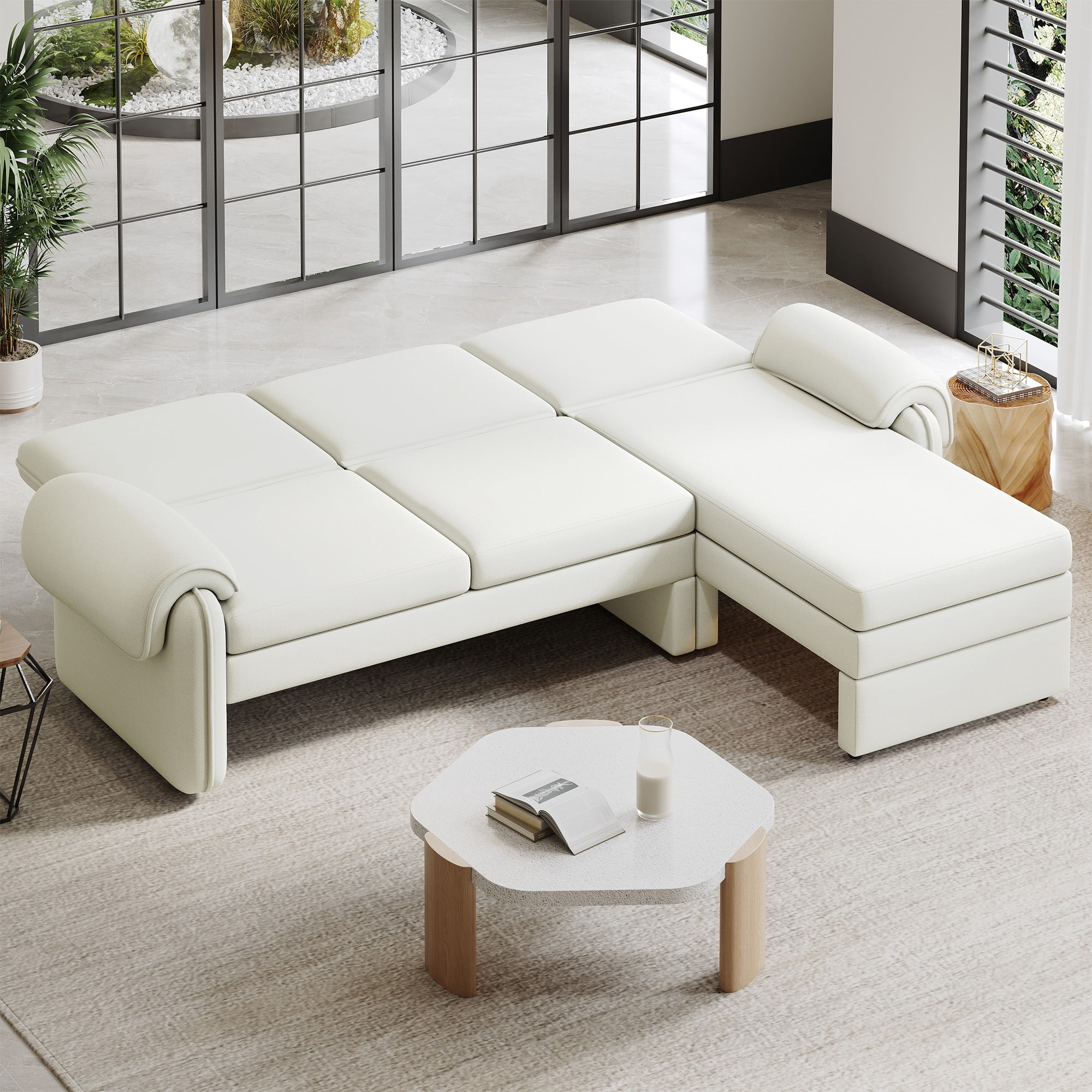 94.1" Convertible Futon Sofa Bed,Futon Sofa Couch with Adjustable Backrest,Reversible Chaise Lounge and Two Removable Armrest Pillows for Living Room,Beige