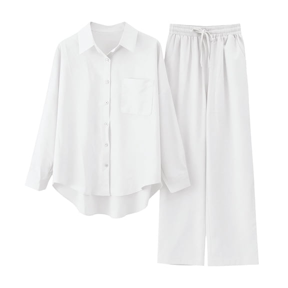 Long Sleeve Shirts for Women Fall Linen Sets 2 Piece Outfit Casual Long Sleeve Button Down Shirt Wide Leg Pants Suit Loungewear White Shirt XL