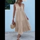 thumbnail image 4 of Vestido Informal para Mujer, Sin Mangas, Cuello en V, Botones, para Playa, con Volantes Escalonados, Falda , Vestidos Midi. Caqui M, 4 of 10