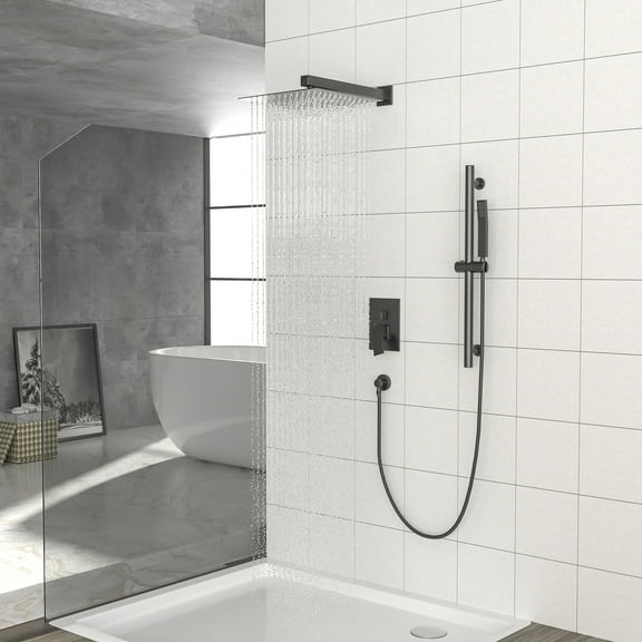 Freestanding Tub Faucet Shower System with Adjustable Slide Bar,12 Inch Wall Mounted Square Shower System with Rough-in Valve,Matte black,Freestanding Tub Faucet Replacement