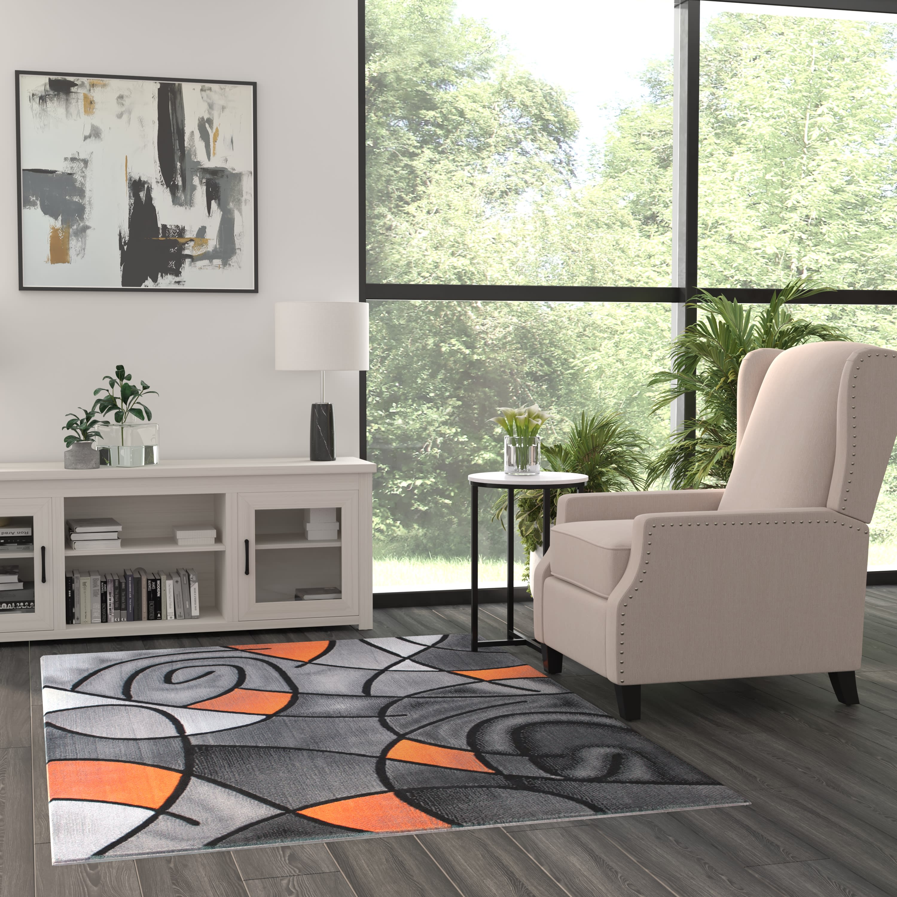 BizChair Modern Contemporary Area Rug, Orange Grey Black (5 Feet X 7 Feet)