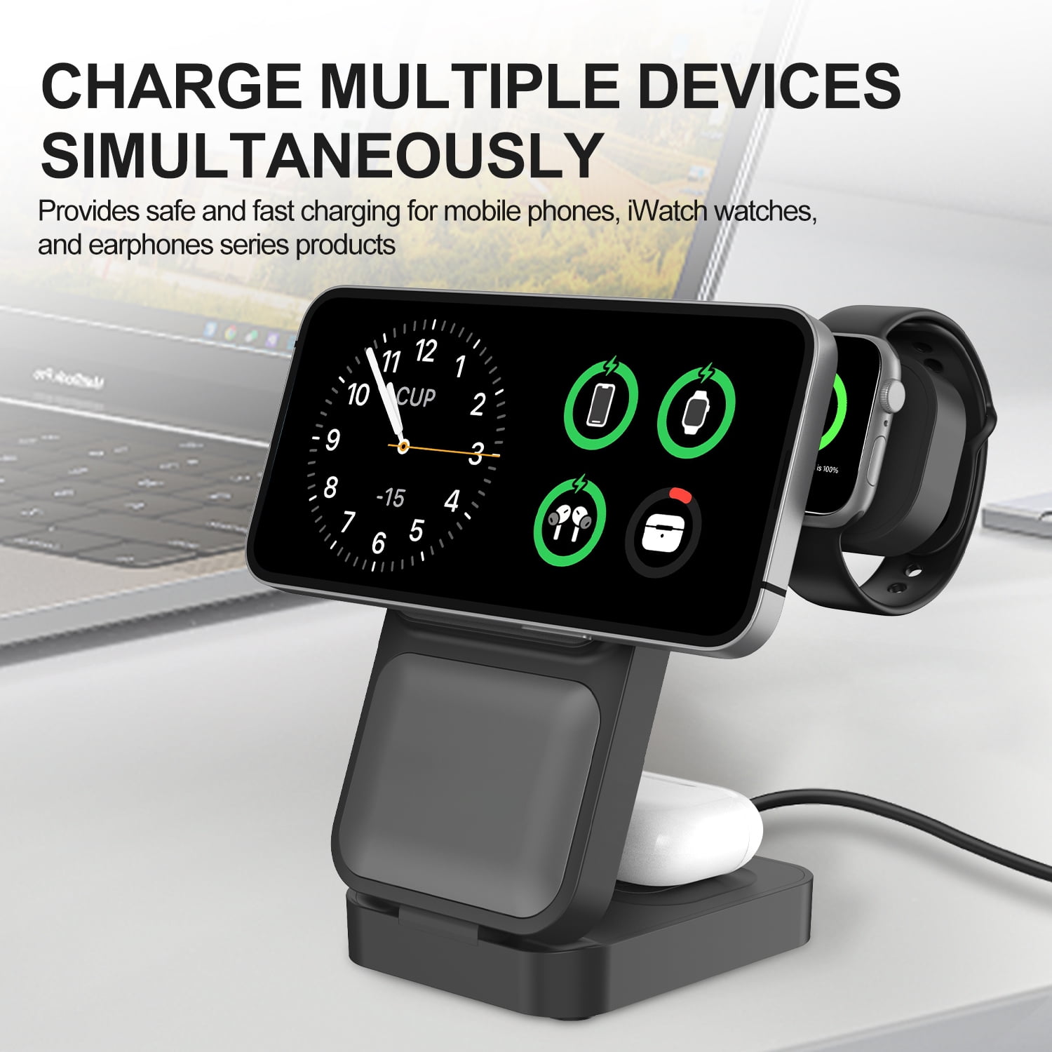 15w Foldable 3-in-1 Wireless Charger Stand for Apple Magsafe Stand for iPhone 16pro Watch Ultra2 (Black)