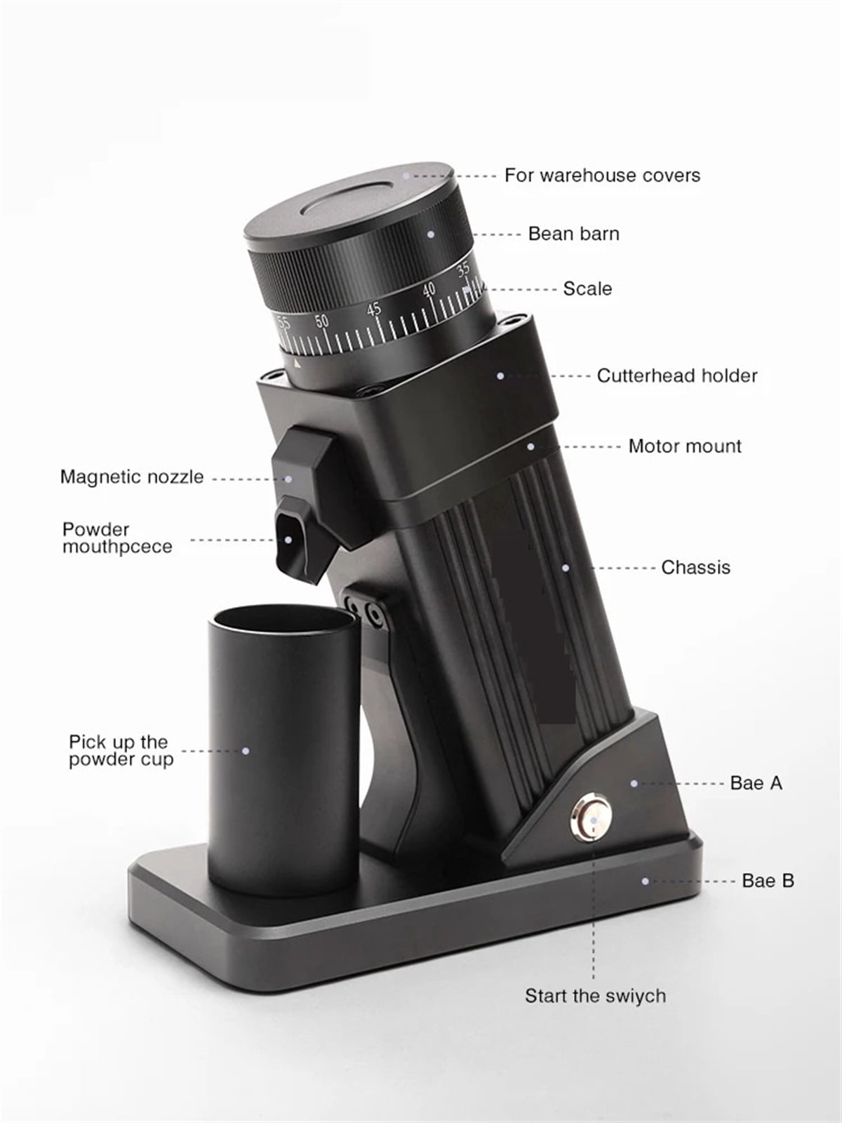 Electric Coffee Grinder 55MM Espresso Cone Burr Stepless Fineness Adjustment Cold Brew Bean Grinder Black Sliver ,Adjustable Grinding