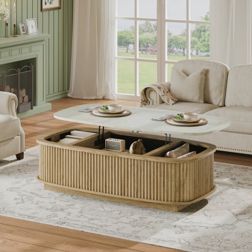 47.2" Oval Fluted Lift Top Coffee Table, Gas Spring Lift Tabletop Dining Table with Hidden Compartment & Open Storage Shelf, for Living Room, Home Office, Oak