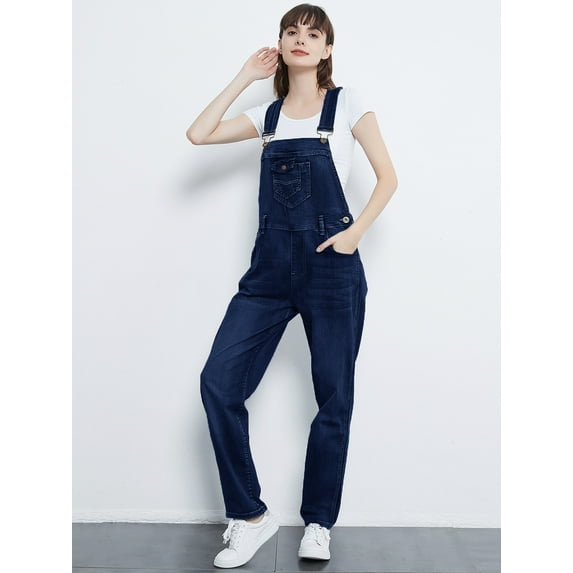 Womens Vintage Wash Straight Leg Denim Overalls With Pocket Bib