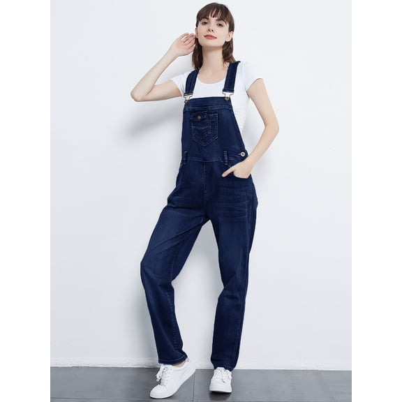 Womens Vintage Wash Straight Leg Denim Overalls With Pocket Bib