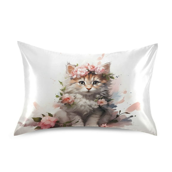 JSTEL Cat Kitten Rose Flowers Satin Pillowcase Standard Size Pillow Cases Envelope Closure Bed Pillow Cover, 20 x 26 inch