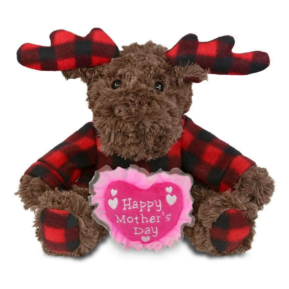 DolliBu Happy Mother's Day Plush Plaid Curly Moose with Hoodie - Cute Stuffed Animal Present With Pink Heart Message for Best Mommy, Grandma, Wife, Daughter - Cute Wild Life Plush Toy Gift - 10 Inch