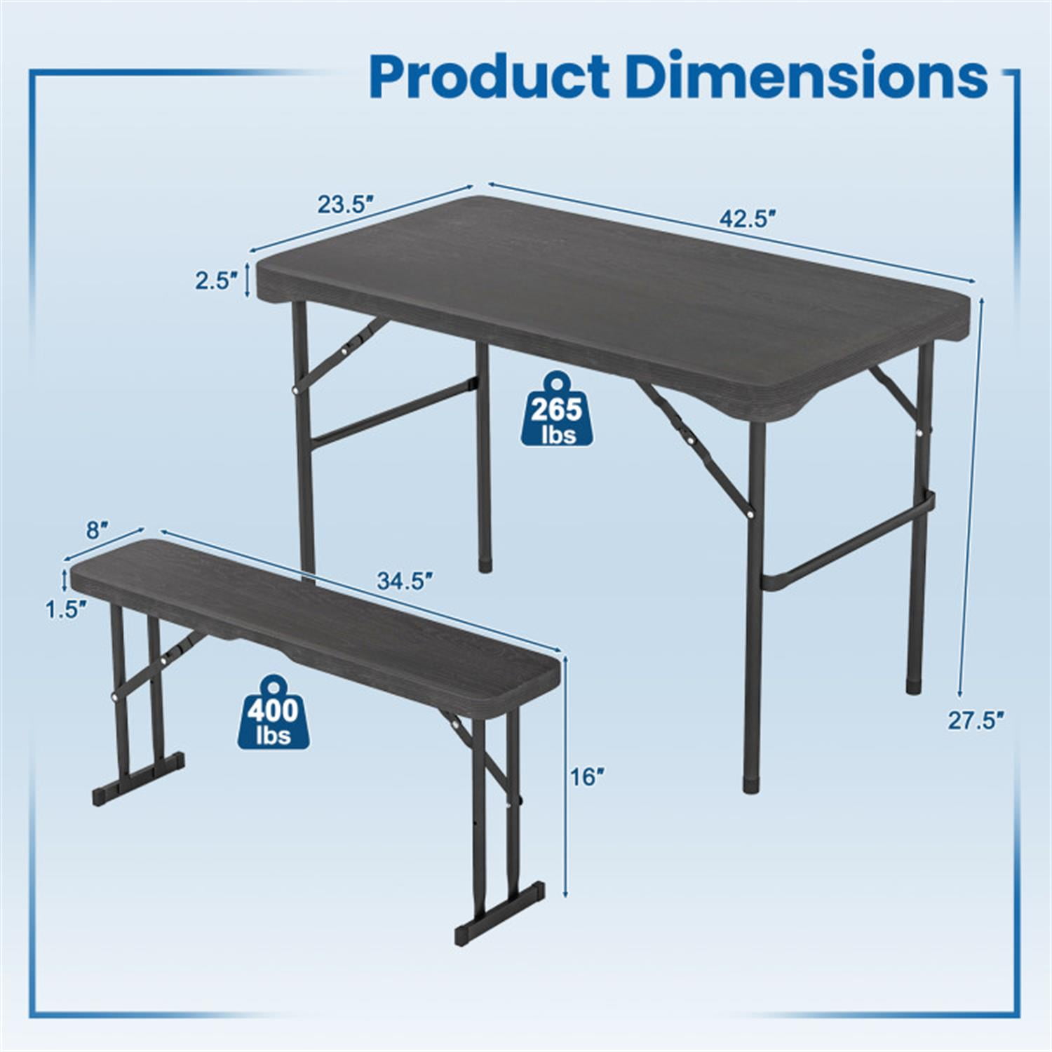 Demi Bonn Outdoor Folding Table Bench Set with All-Weather HDPE Tabletop and Sturdy Metal Frame for Parties Wedding BBQ Camping, Black