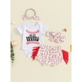 thumbnail image 2 of Nygoyerh Baby Girls Summer Baseball/ Football Print Outfit Short Sleeve Letter Print Romper + Tasseled Shorts + Headband 3M 6M 12M 18M Newborn Infant Cute Short Pants Sets, 2 of 9