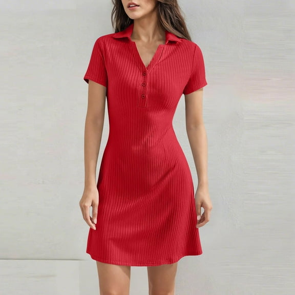HongQid Women's V Neck Ribbed Knit Mini Dress Button Short Sleeve Slim Fit Bodycon Sweater Dress