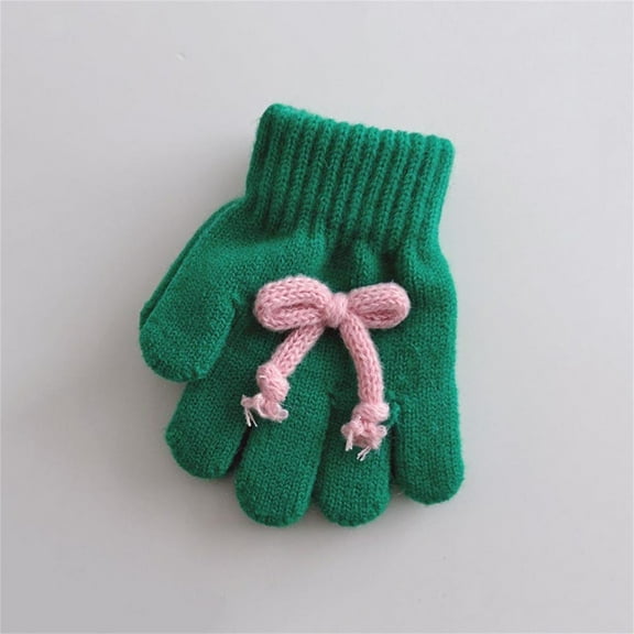 workcargo Juniors' Green Knitted Cotton Winter Gloves - Cute Bow, Ribbed Cuff, One Size Fits Most, Thermal Warm for Daily/Outdoor Use, Holiday Gift