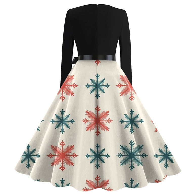 formal plus size christmas dress Dresses for Women Women's Christmas Printed Long Sleeve Round Neck Evening Prom Dresses for Christmas Party,Khaki,M Wedding Guest