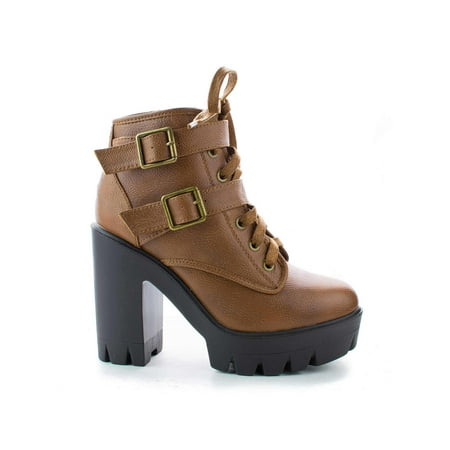 Fur Lace Heels - Jonas07 by Bamboo, Women Combat Ankle Bootie, High Block Heel, Faux Fur Lining, Lace Up