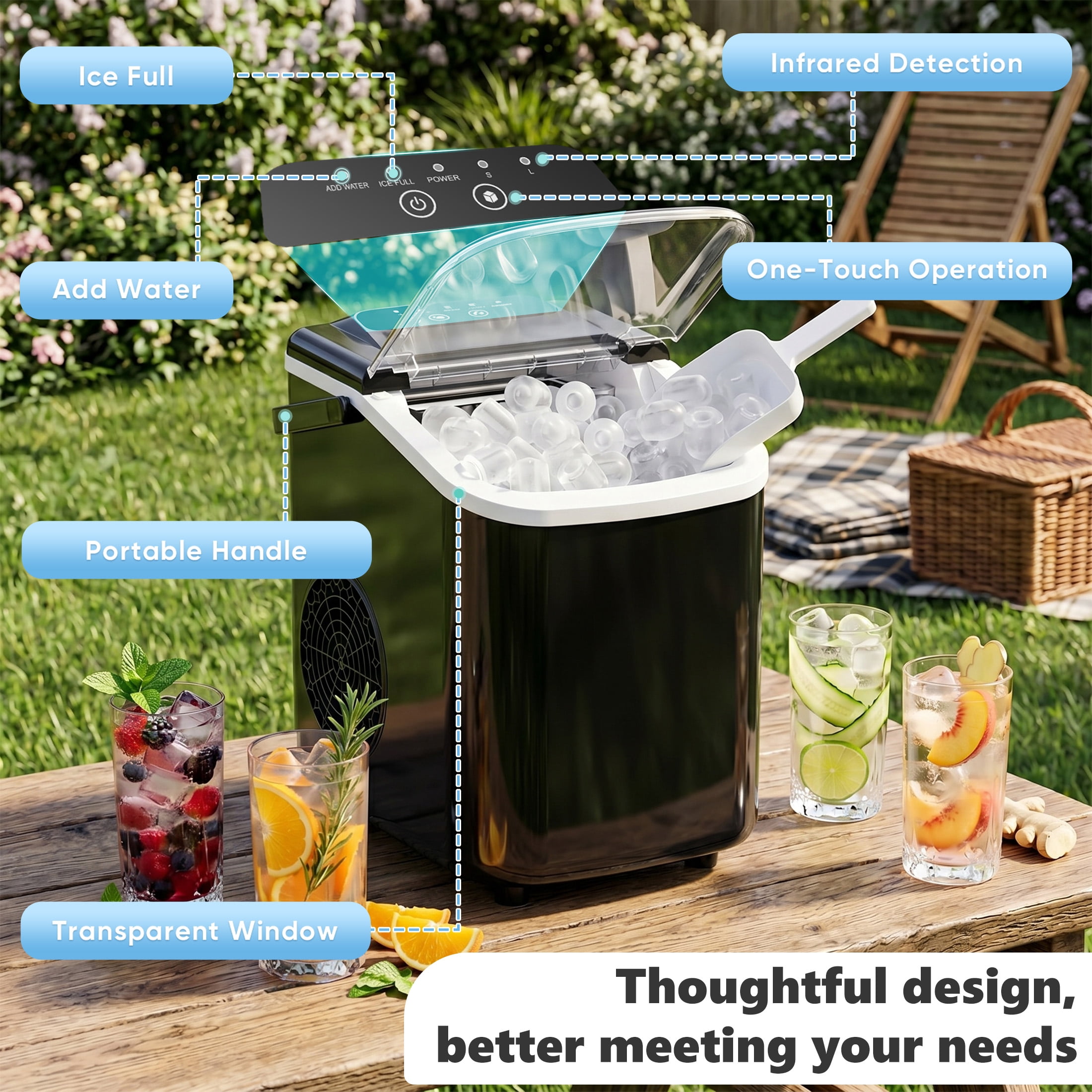 edx Ice Maker, Self-Cleaning Countertop Ice Maker, with Handle & Ice Scoop, 9 Bullet Cubes in 6~8 Mins, 26lbs Daily, Black