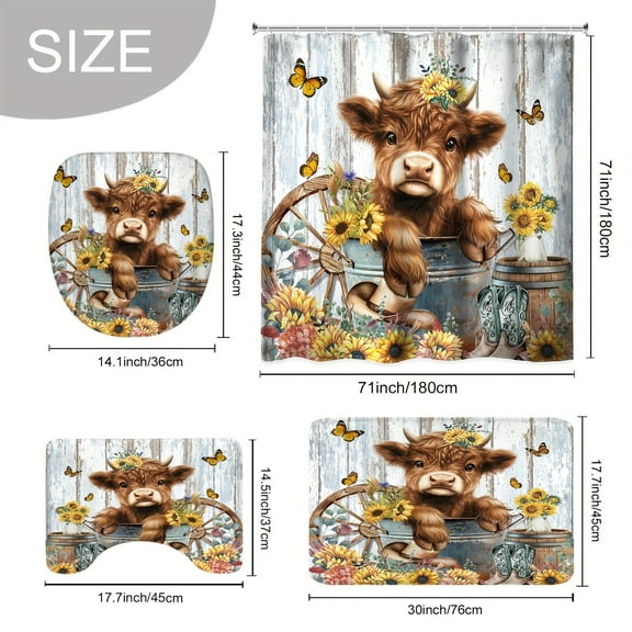1pc/4pcs 2D Flat Cute Highland Cow Shower Curtain Set, Bathroom Set Complete with 12 Hooks, Bathroom Decoration and Accessories, Sunflower Rustic Farmhouse Cattle Funny Art Shower Curtain