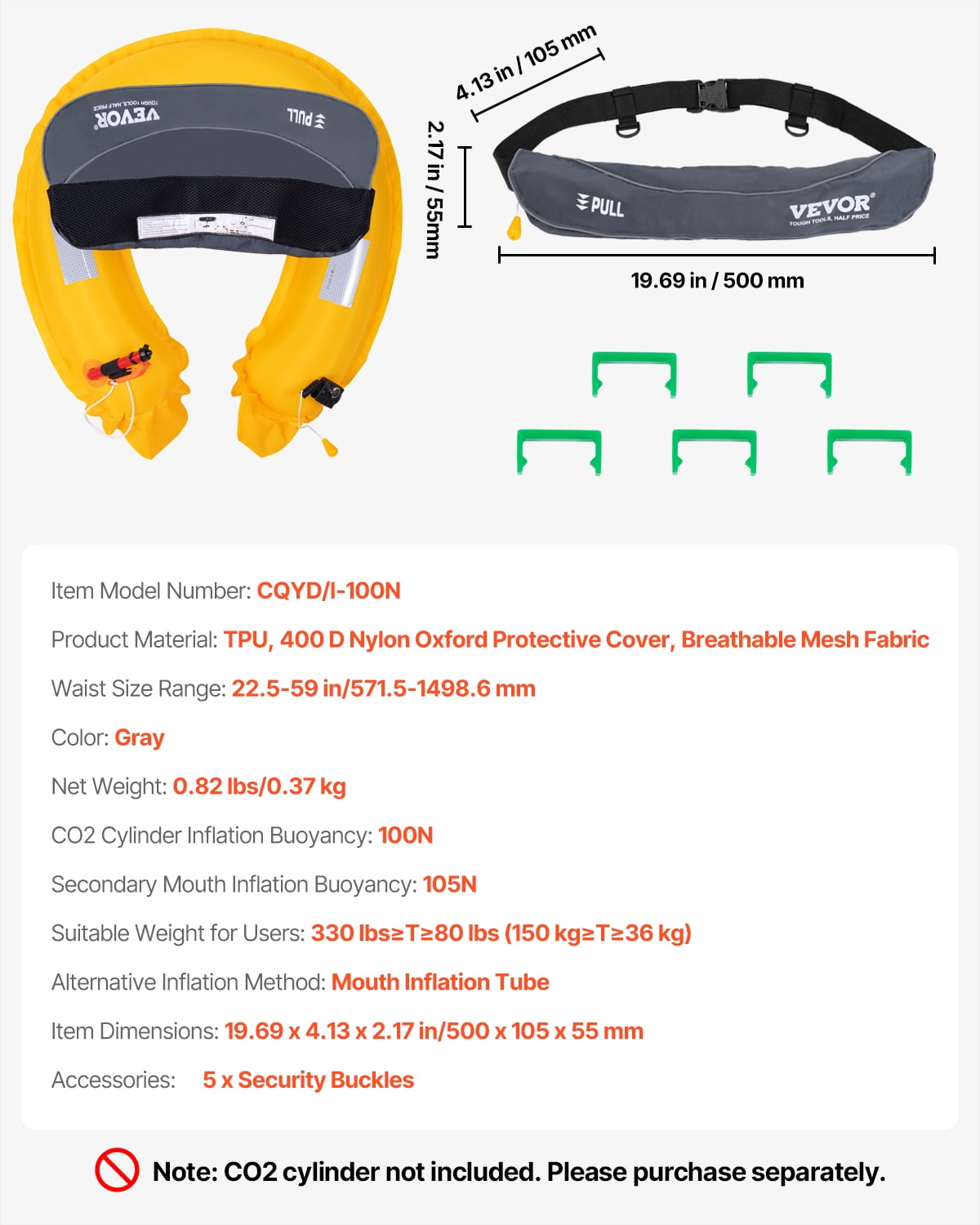 VEVOR Manual Inflatable Belt Pack for Adults, 105N Buoyancy, Over 80 Pounds and Up to 59 in Waist Adjustable, Inflatable PFD Waist for SUP Paddelboarding, Kayaking, Gray (CO2 Cylinder Not Included)