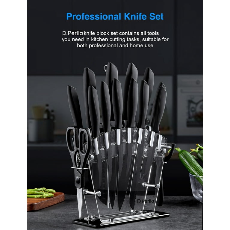 Home Hero 17 Pieces Kitchen Knives Set with Acrylic Stand, Scissors, Peeler and Knife Sharpener, Black