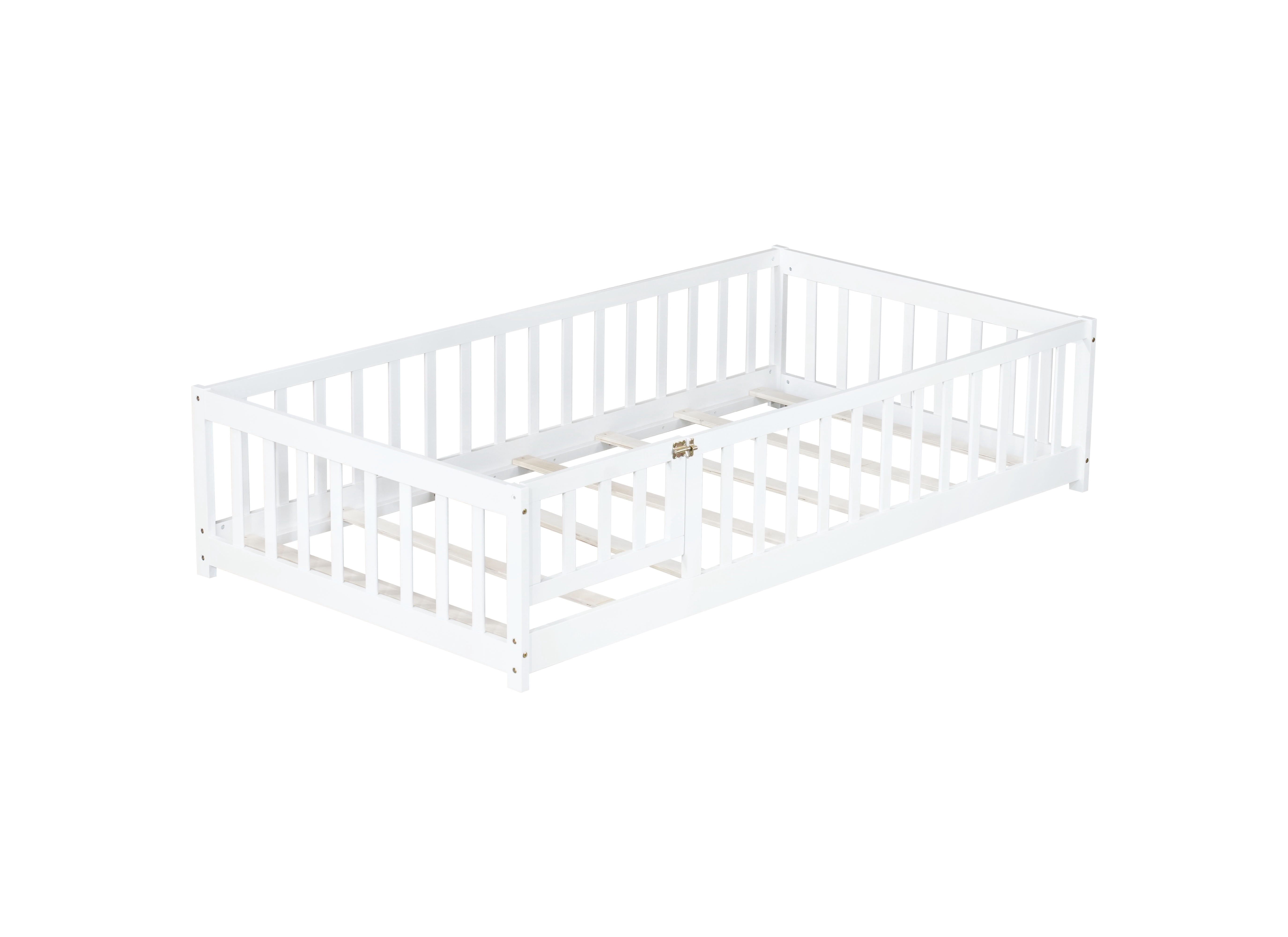 Mintazer Twin Floor Bed with Fence and Door, Montessori Bed with 17.5" Safety Guardrails for Kids Girls Boys, White