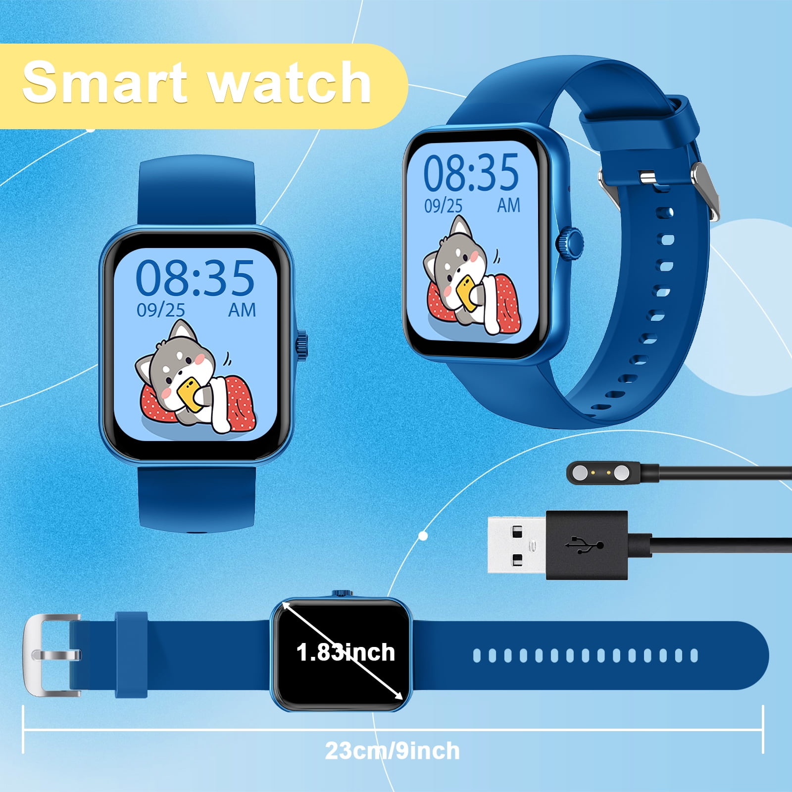 PTHTECHUS 1.83'' Smart Watch for Kids Sport Smartwatch with 37 Sports Modes DIY Watch Touchscreen Phone Calls Music Calculator Excellent Gift for Teenage(Blue)
