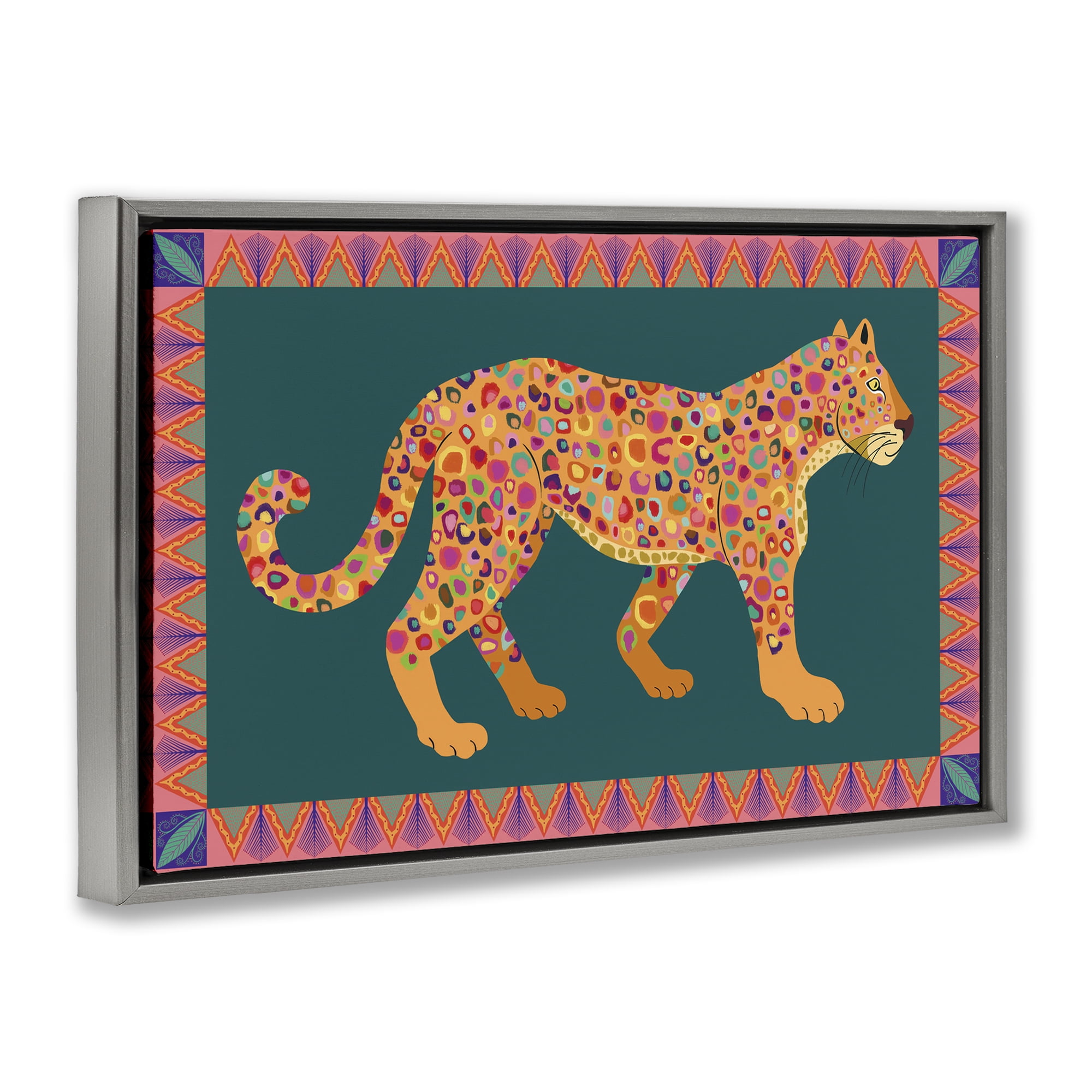 Stupell Industries Bold Patterned Lion Animals Painting Gray Floater Framed Canvas Art Print Wall Art, 25 x 17