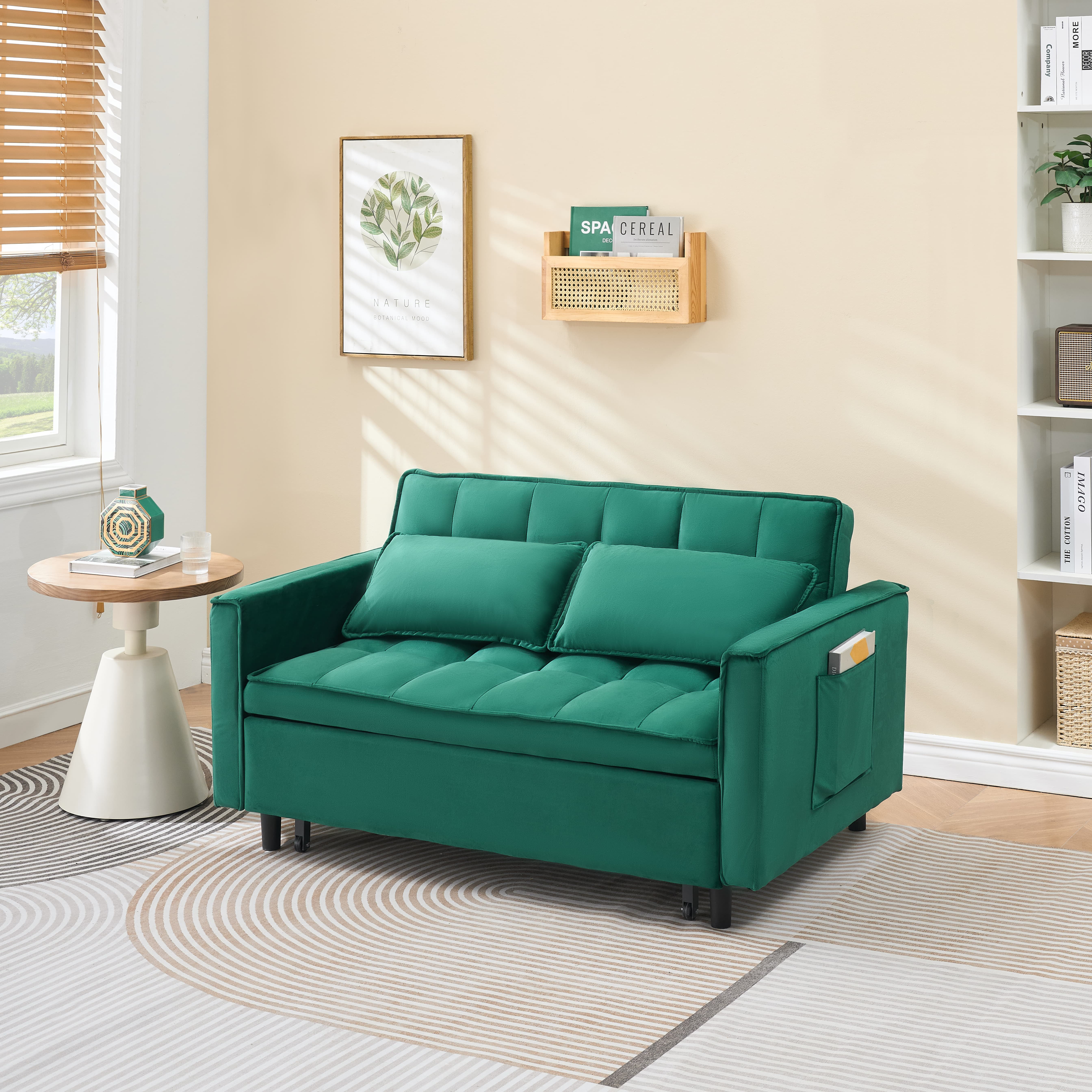 MAYEERTY 3 In 1 Convertible Sleep Sofa Bed, Pull Out Velvet Sleeper Sofa Small Loveseat, for Apartment, Living Room, Small Space, Green