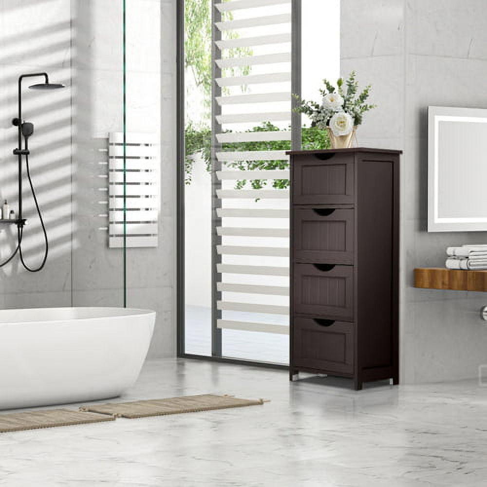 Bonnlo Bathroom Organizer and Storage Espresso Wooden Side Bathroom Cabinet with 4 Drawers Free Standing Cabinet for Bathroom Bedroom Living Room Hallway Office
