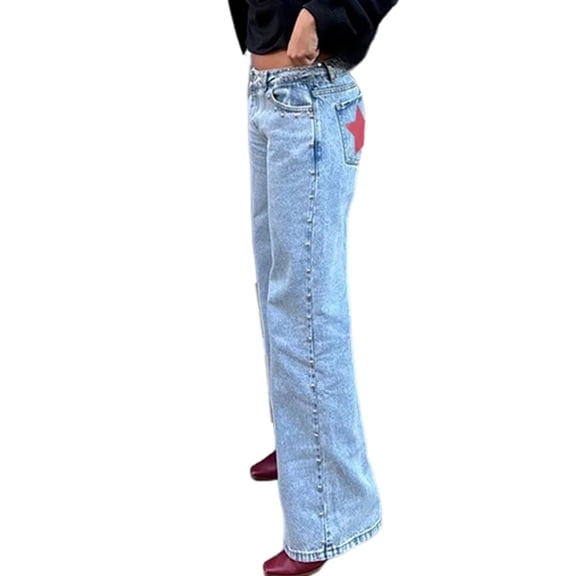 Y2k Studded Jeans for Women Vintage Star Low Rise Straight Leg Baggy Denim Pants