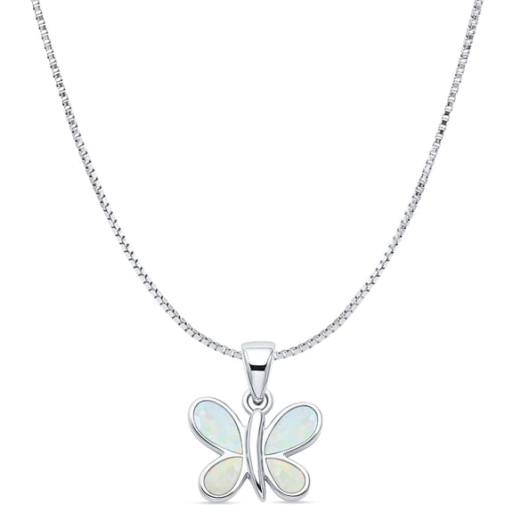 16" Long 1mm Bead Chain- Lab Created White Opal Butterfly Pendant Necklace Vintage Style 925 Sterling Silver 14mm Pendant Gift For Her