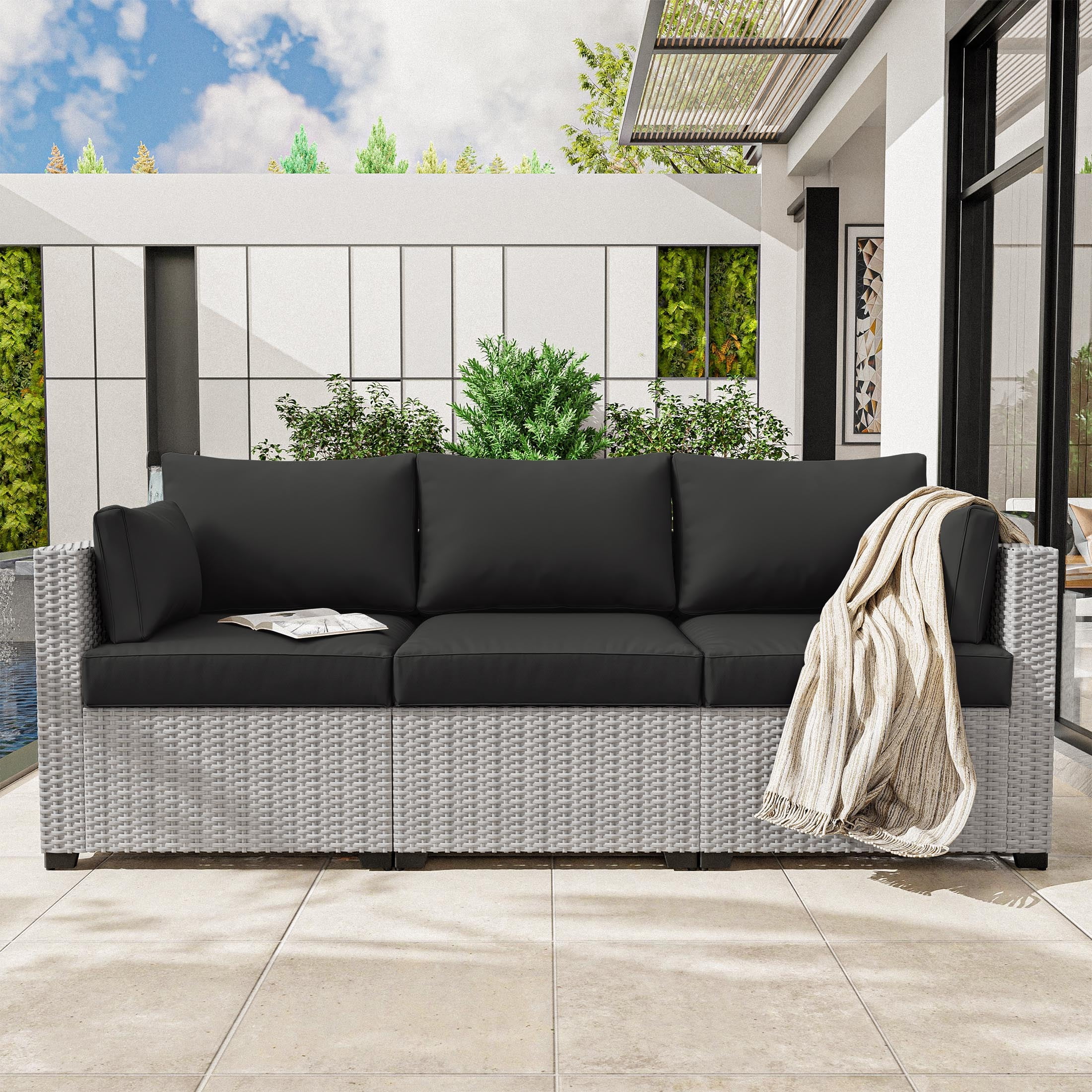 Pakunoda Outdoor Cushions Replacement, 8 Piece Sectional Cushion Fits 3-Seat, 4” Foam Deep Seat, for Patio Rattan Wicker Replacement Cushion, Liner&Cover, Black