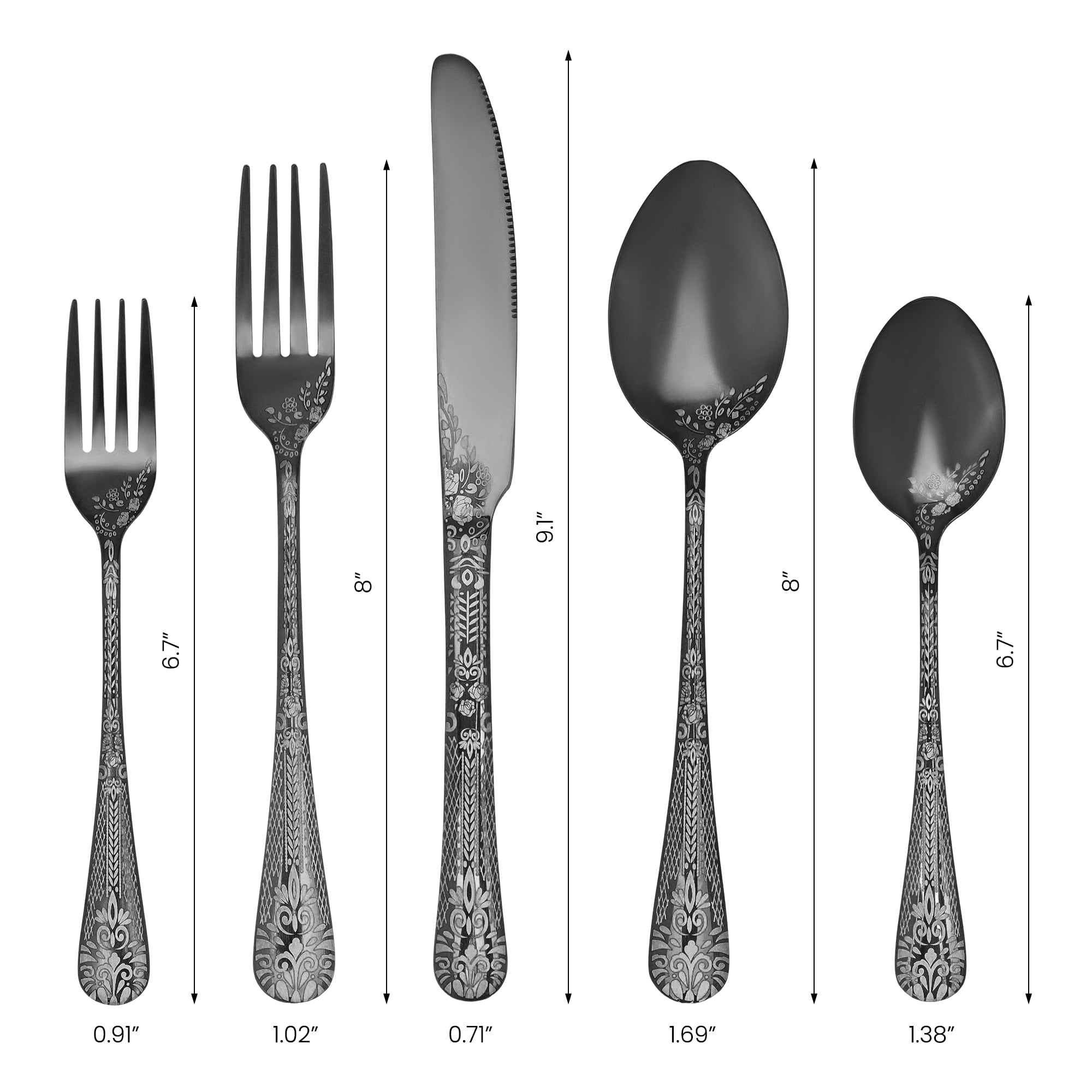Unique Bargains 20 Piece Floral Stainless Steel Flatware Set for 4 Modern Cutlery Black