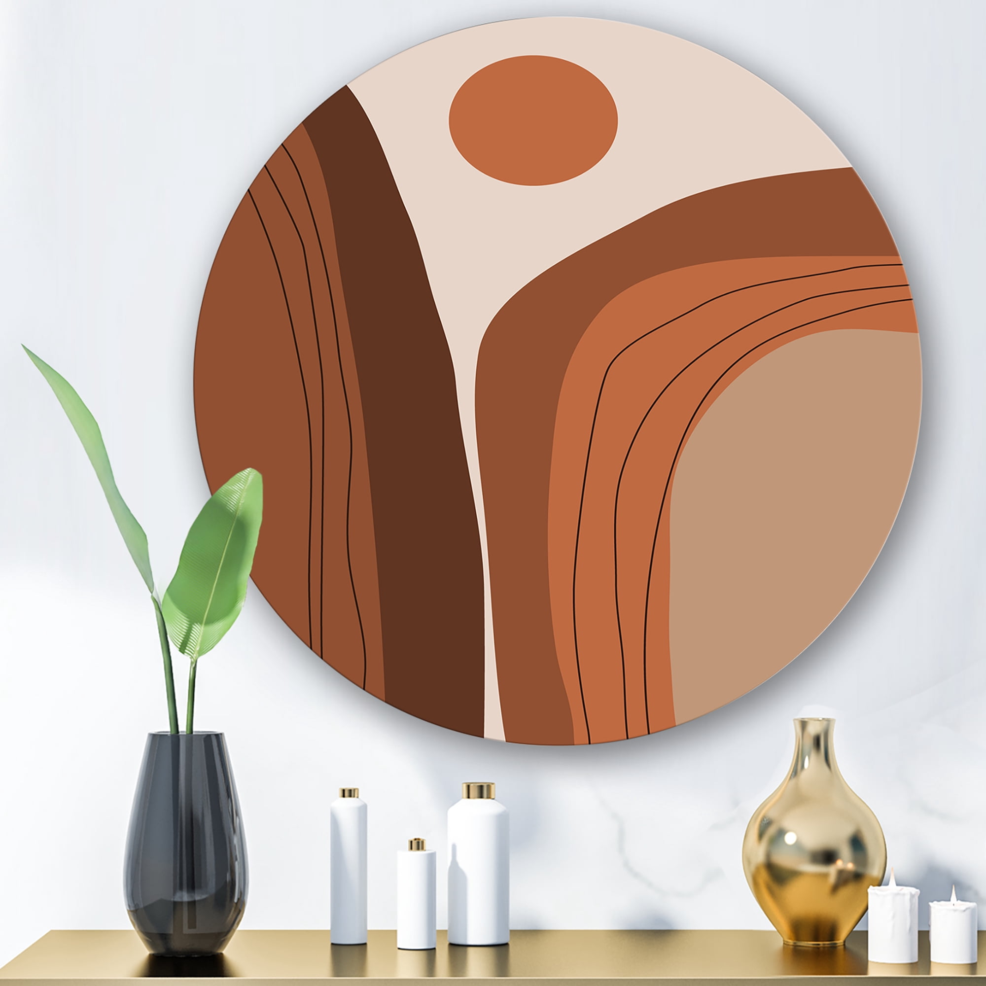 Designart 'Abstract Terracotta Mountain Landscape Sunset ' Modern Circle Metal Wall Art 23x23 - Disc of 23