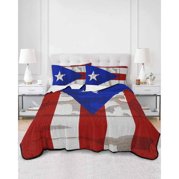 Quilts King Size, Puerto Rican Flag Soft Comforter Bedding Set for Bed, Vintage Geometric Art Wooden Lightweight Quilted Bedspread with Pillow Cover(2 Pieces) for All Season, 96x106 Inch