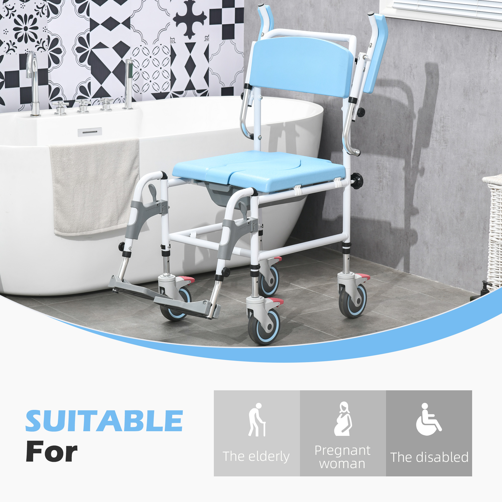 HomCom Accessibility Commode Wheelchair with 4 Castor Wheels, Blue